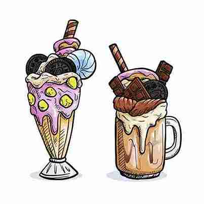 Colorful illustration of two creamy milkshakes topped with Oreos, chocolate, and wafers on a white background.