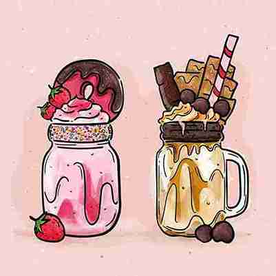 Artistic illustration of two mason jar milkshakes — one strawberry with donuts and one chocolate with wafers and candies on a pink background.