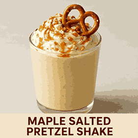 A creamy Maple Salted Pretzel Shake topped with whipped cream, caramel drizzle, and a pretzel twist, served in a glass on a light background.