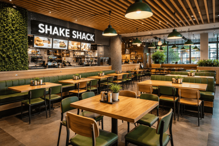 Modern interior seating and dining area of a Shake Shack restaurant, helping explain does Shake Shack do refills for dine-in guests