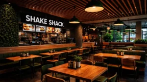 Modern interior seating and dining area of a Shake Shack restaurant, helping explain does Shake Shack do refills for dine-in guests