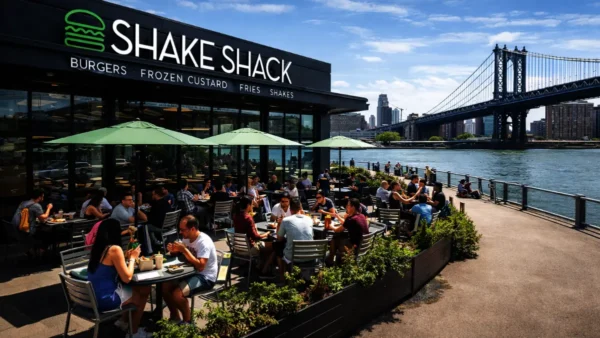Rip Rap Shake Shack served at the Shake Shack Brooklyn Bridge Park location with outdoor seating and Manhattan skyline views