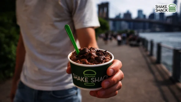 Rip Rap Shake Shack chocolate frozen custard concrete enjoyed at Brooklyn Bridge Park with waterfront views and city skyline