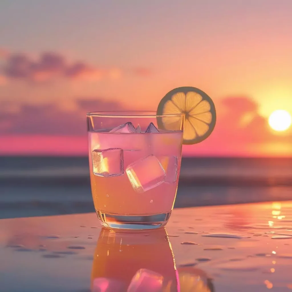 A glass of pink iced lemonade with a lemon wheel on the rim, set against a beautiful purple and orange beach sunset background.