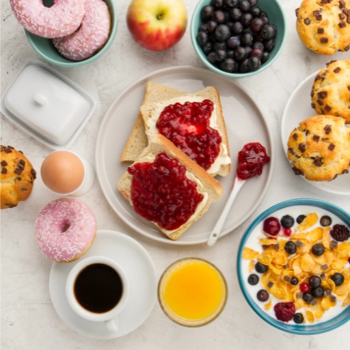 Flat-lay view of a rich breakfast spread featuring toast with red jam, chocolate chip muffins, pink donuts, cereal with berries, coffee, orange juice, and a boiled egg.