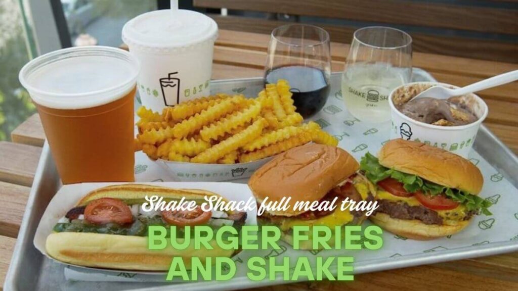 A full Shake Shack meal tray featuring two ShackBurgers, a pile of crinkle-cut fries, a flat-top hot dog, frozen custard concrete, and refreshing beverages