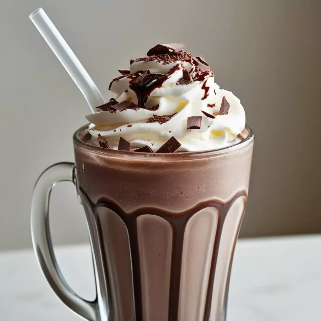 A tall glass mug filled with a rich chocolate milkshake, featuring chocolate syrup drizzled inside the glass. The drink is topped with a high swirl of white whipped cream, dark chocolate shavings, and a syrup drizzle, served with a white straw.