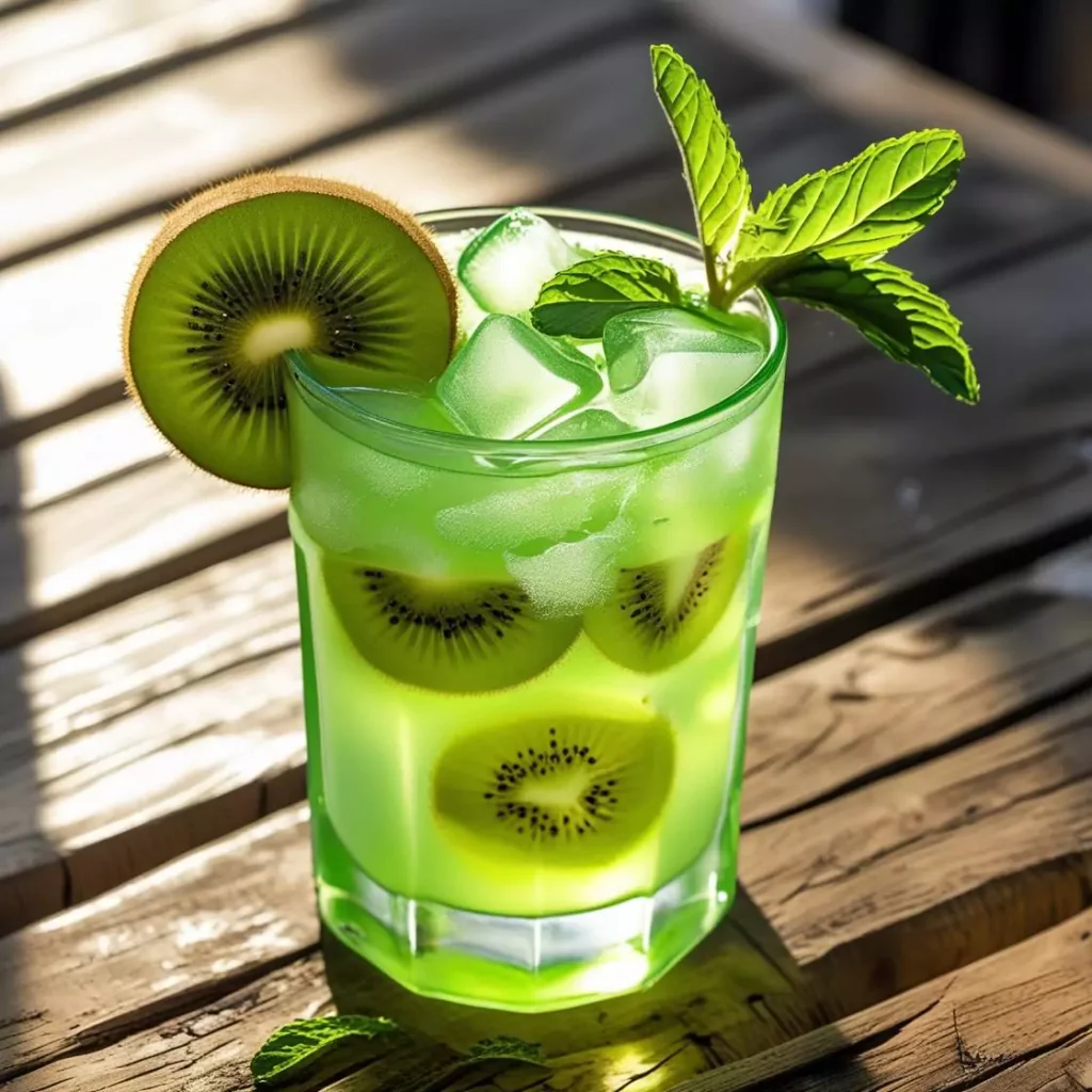 A refreshing green kiwi mocktail filled with ice cubes, kiwi fruit slices, and fresh mint leaves, served on a sunlit wooden table.