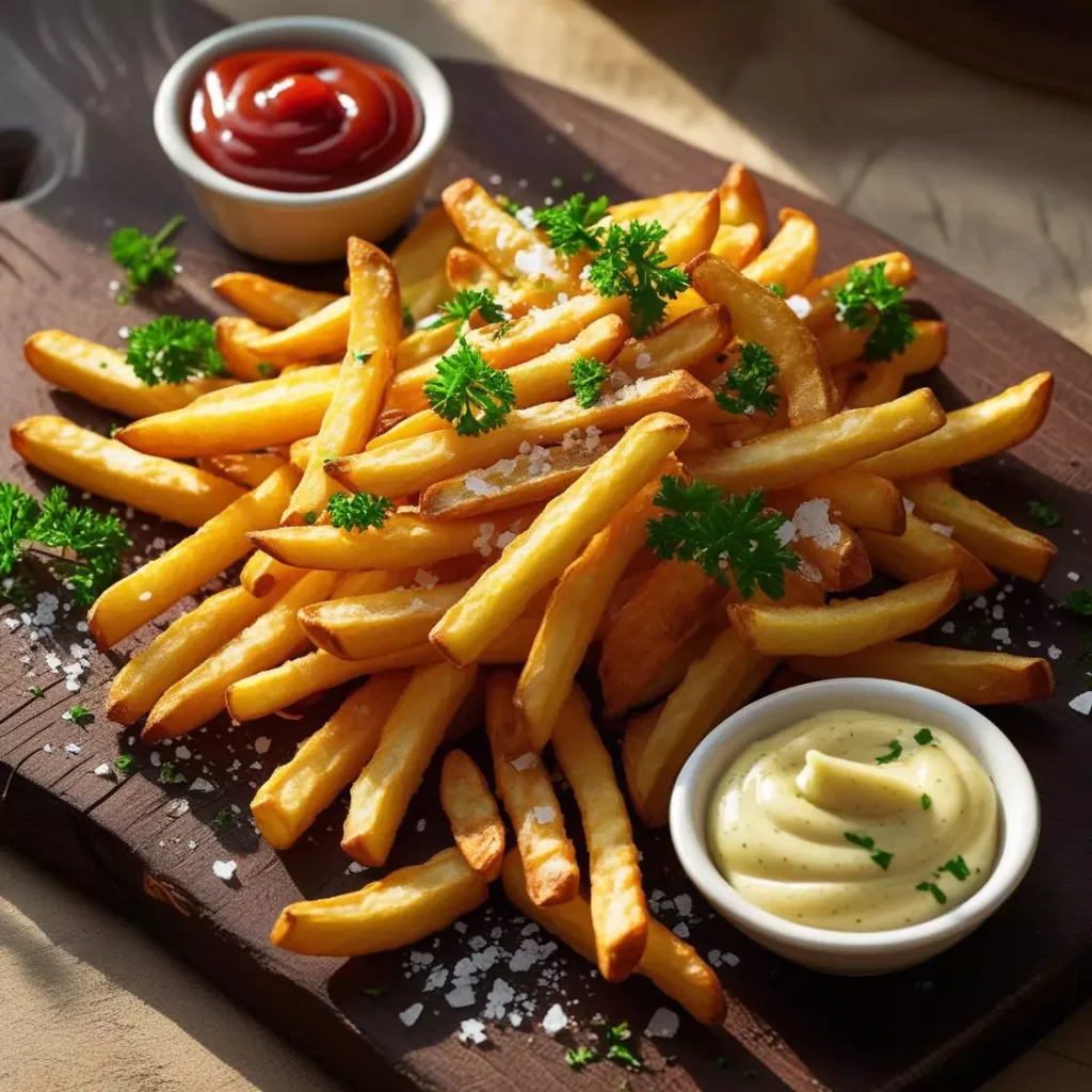 Crispy fries scattered on a dark wooden board with coarse sea salt and herbs, paired with ketchup and garlic aioli dips.