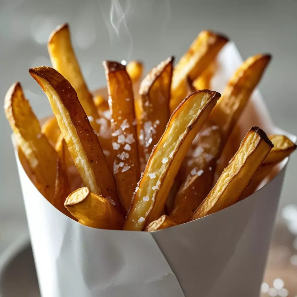 Close-up of hot, steaming french fries sprinkled with sea salt flakes, served in a white paper takeaway cone.