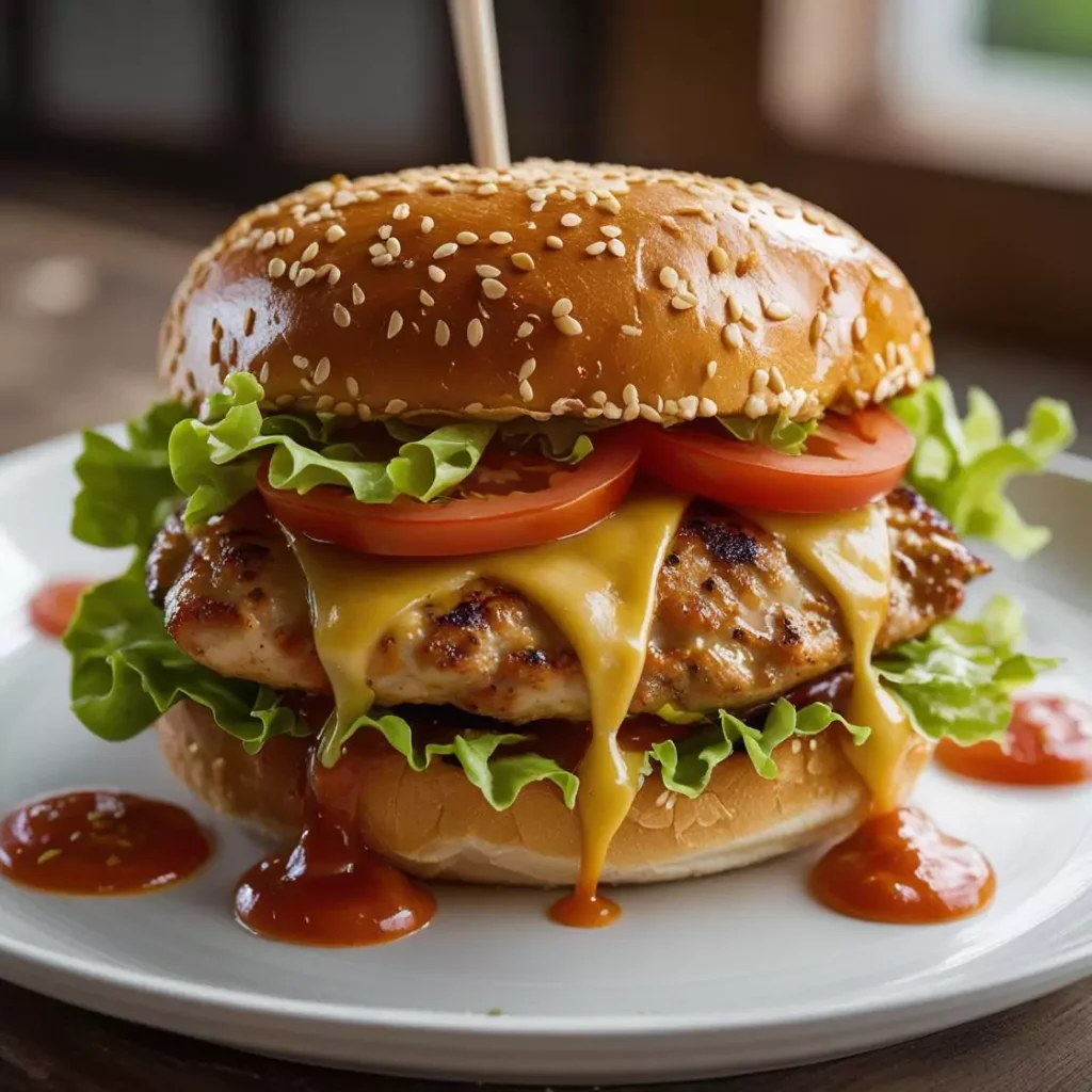 Close-up of a thick grilled chicken burger with overflowing melted cheese, fresh lettuce, and tomato slices on a sesame seed bun, with ketchup and sauce dripping onto the white plate.