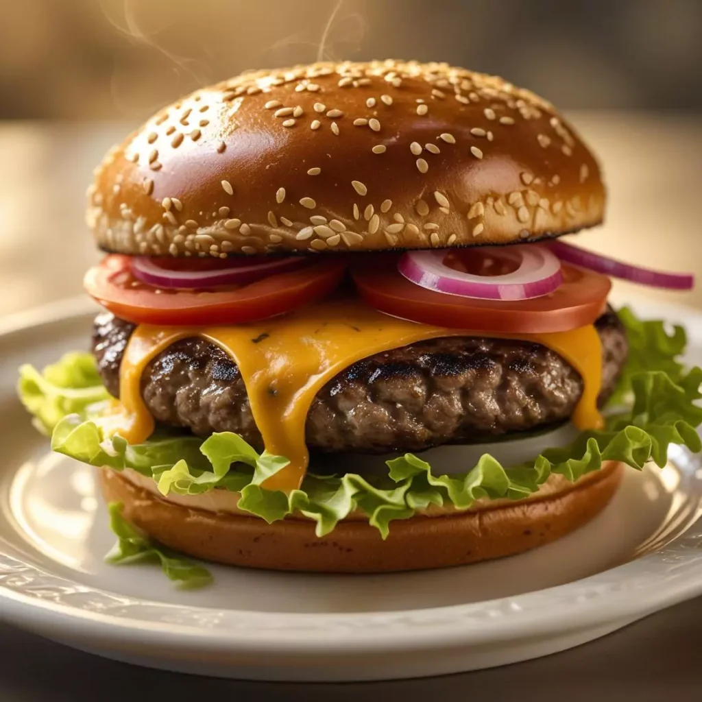 Juicy Gourmet Cheeseburger With Melted Cheese And Fresh Vegetables.jpg
