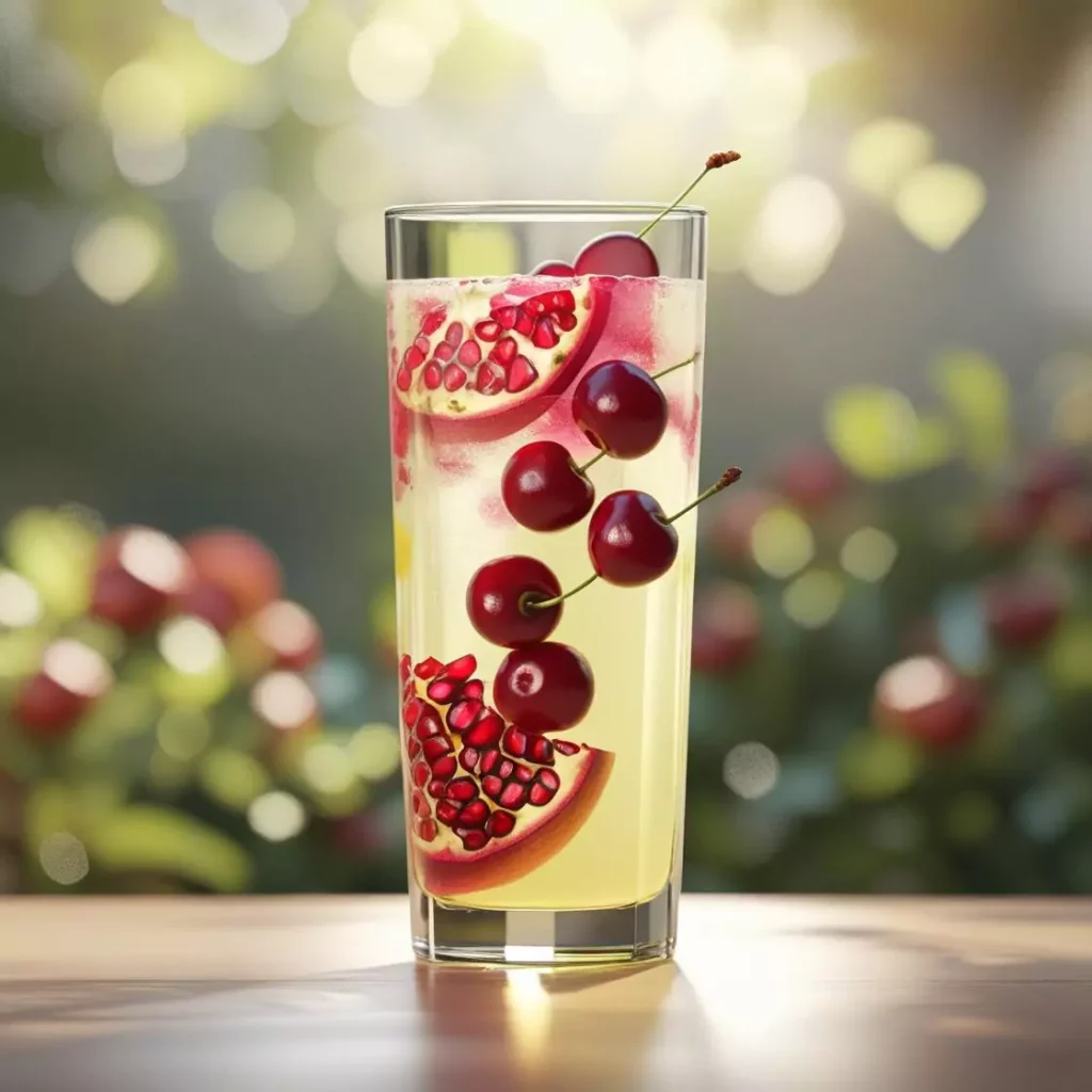A tall glass of fruit-infused water containing floating red cherries and pomegranate slices, set against a blurred sunny nature bokeh background.