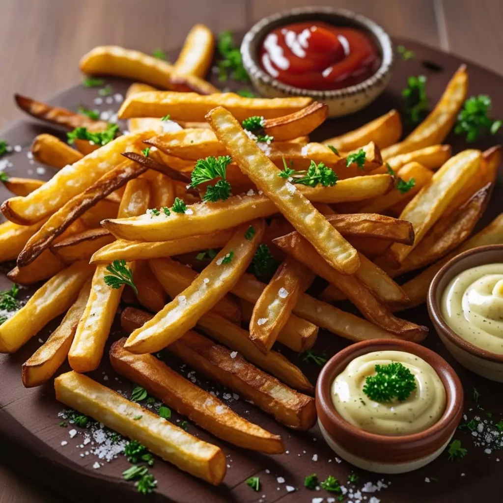 A large wooden platter piled with crispy french fries garnished with fresh parsley, served with bowls of ketchup and creamy mayonnaise.