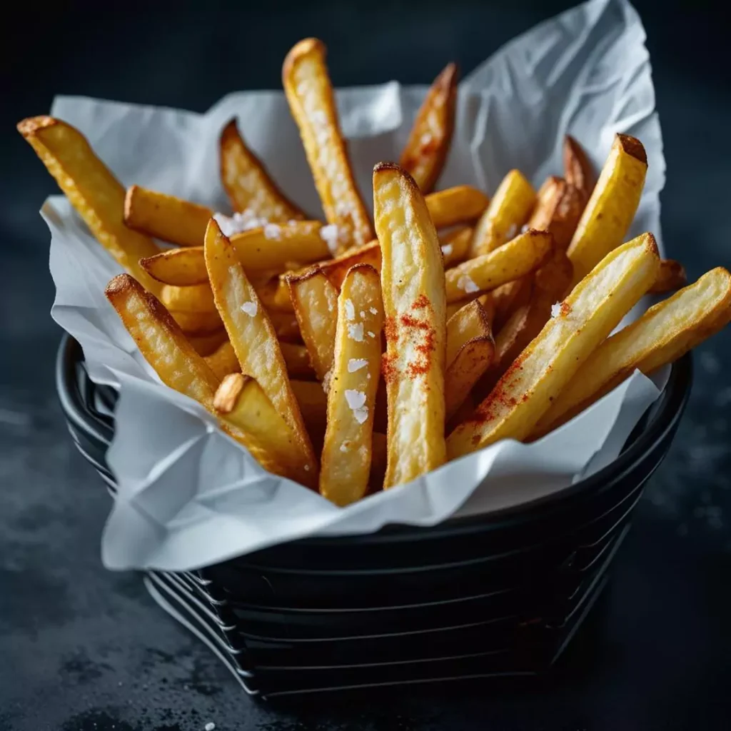 Golden crispy french fries seasoned with paprika and salt, served in a black wire basket lined with white paper.
