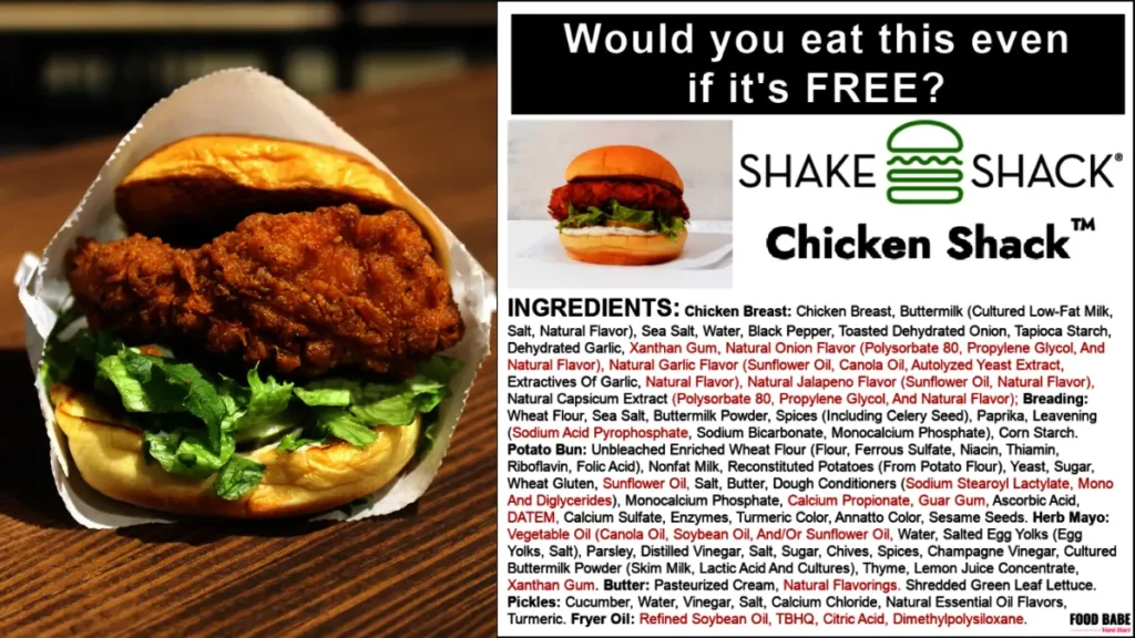 Shake Shack chicken sandwich with crispy fried chicken, fresh lettuce, and soft bun served in restaurant setting