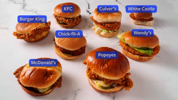 Fast food chicken sandwiches comparison including Shake Shack style rivals like Popeyes, Chick-fil-A, KFC, and McDonald’s