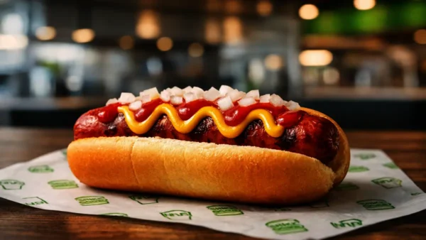 Classic Shake Shack hot dog made with 100% beef, served in a soft potato bun with mustard, ketchup, and onions.