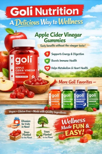 Goli Nutrition Apple Cider Vinegar Gummies bottle with vegan gummies supporting digestion, immunity, and metabolism