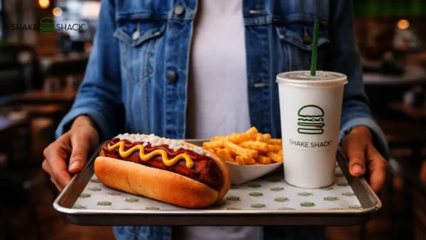 Customer holding a Shake Shack hot dog tray with fries and drink inside a modern Shake Shack restaurant.