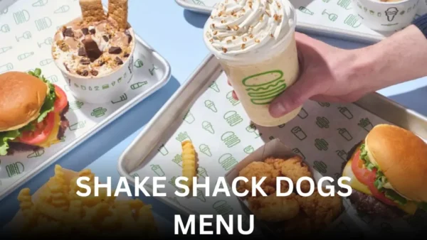 Shake Shack hot dogs menu featuring hot dogs, burgers, crinkle-cut fries, and hand-spun shakes on serving trays.