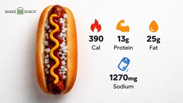 Shake Shack hot dog nutrition showing calories, protein, fat, and sodium values with a classic hot dog.