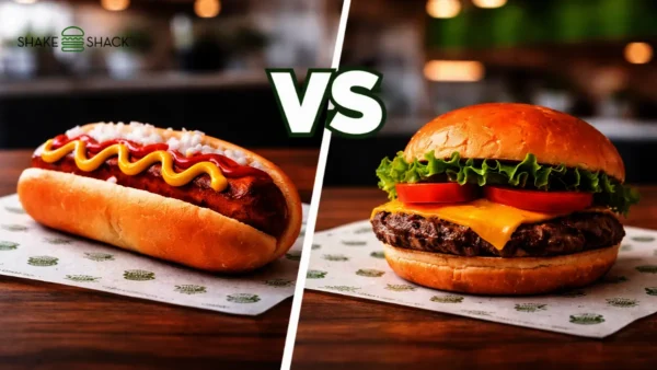 Shake Shack hot dog vs burger comparison showing classic hot dog and cheeseburger side by side on a table.