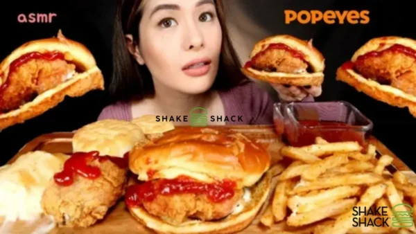 The Korean-Style Menu is back at Shake Shack as an ASMR-style food scene shows crispy chicken sandwiches, fries, and dipping sauce.