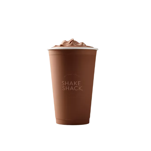 Shake Shack chocolate shake 2026 with whipped cream in branded cup - hand-spun chocolate milkshake dessert menu item