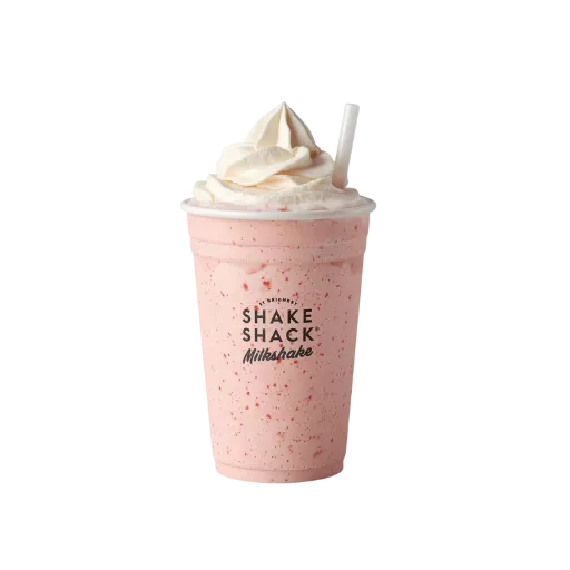 Shake Shack strawberry milkshake 2026 with whipped cream and caramel drizzle - pink strawberry shake dessert menu