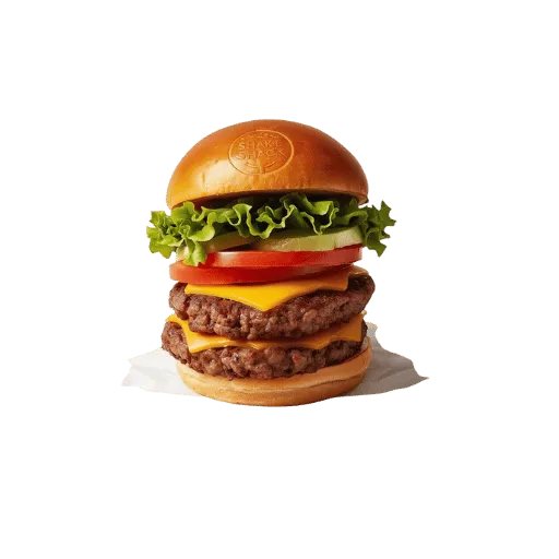 Shake Shack double cheeseburger with two beef patties, American cheese, lettuce, tomato on branded potato bun - SmokeShack or double ShackBurger menu item