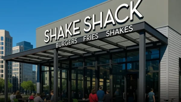 Exterior view of Shake Shack Crystal Cove restaurant showing the storefront signage, outdoor seating, and modern fast-food design