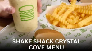 Shake Shack Crystal Cove menu featuring a classic burger, crinkle-cut fries, and a creamy milkshake at the Newport Coast location