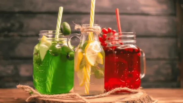 Colorful drinks menu featuring three refreshing beverages in glass jars, including green lime drink, lemon infused water, and red berry juice, served with straws on a rustic wooden table.