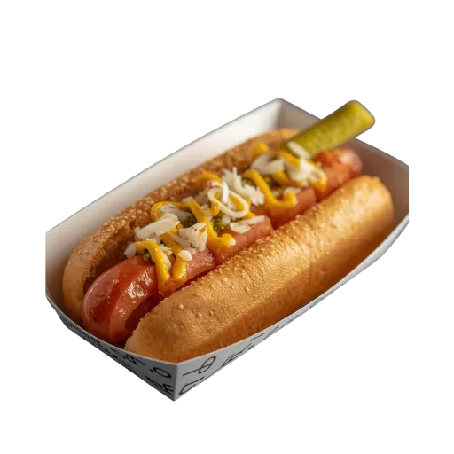 A Shake Shack-cago Dog featuring a split-grilled beef frank topped with yellow mustard, chopped onions, tomato slices, and a large pickle spear on a toasted potato bun.