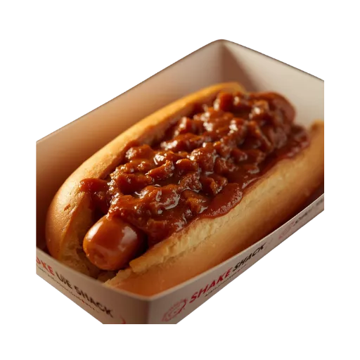 Authentic Shake Shack-cago Dog with a split-grilled beef frank, onions, pickles, tomato, and peppers on a toasted potato bun.