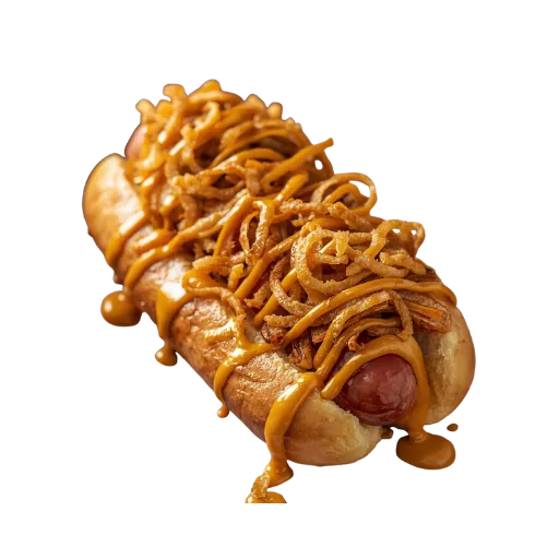 A loaded Shake Shack ShackMeister hot dog featuring a split-grilled beef frank topped with melted cheddar cheese sauce and a mountain of crispy fried shallots on a toasted potato bun.