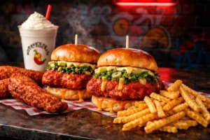 Cinematic feast showing sliders, tenders, and crinkle-cut fries from the Dave's Hot Chicken Menu 2026 guide