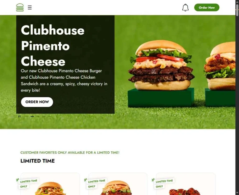 Shake Shack website displaying the limited time Clubhouse Pimento Cheese Burger promotion