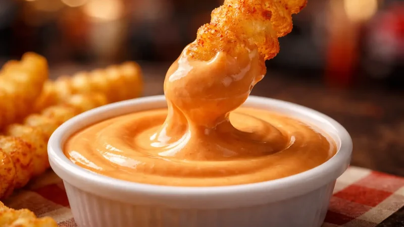 Close-up of dipping fries into Dave's signature sauce